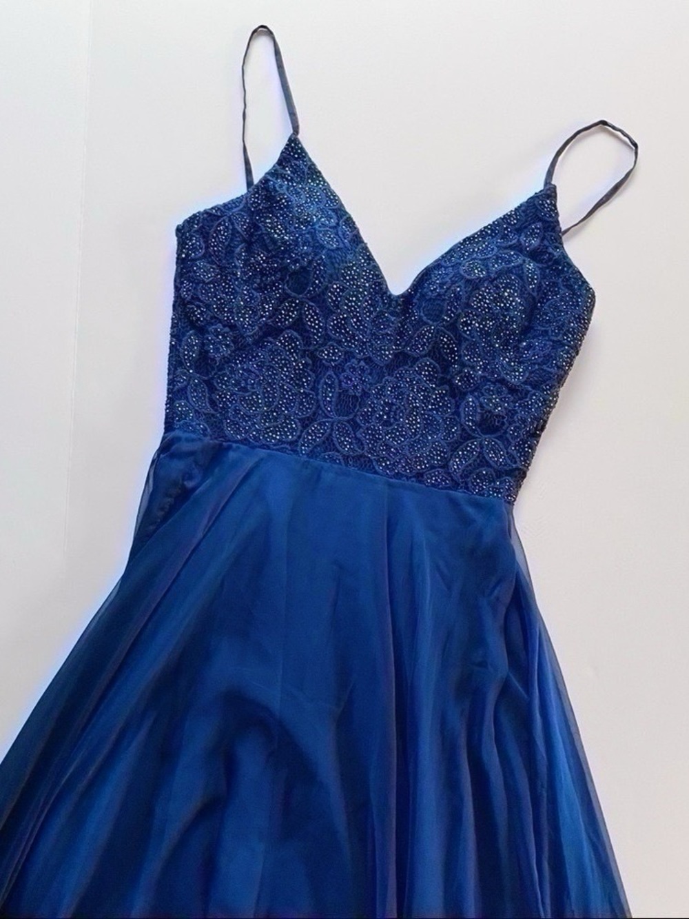 NEW La Femme Women’s Sparkle Lace Chiffon Gown Marine Blue 28664 - Picture 10 of 14